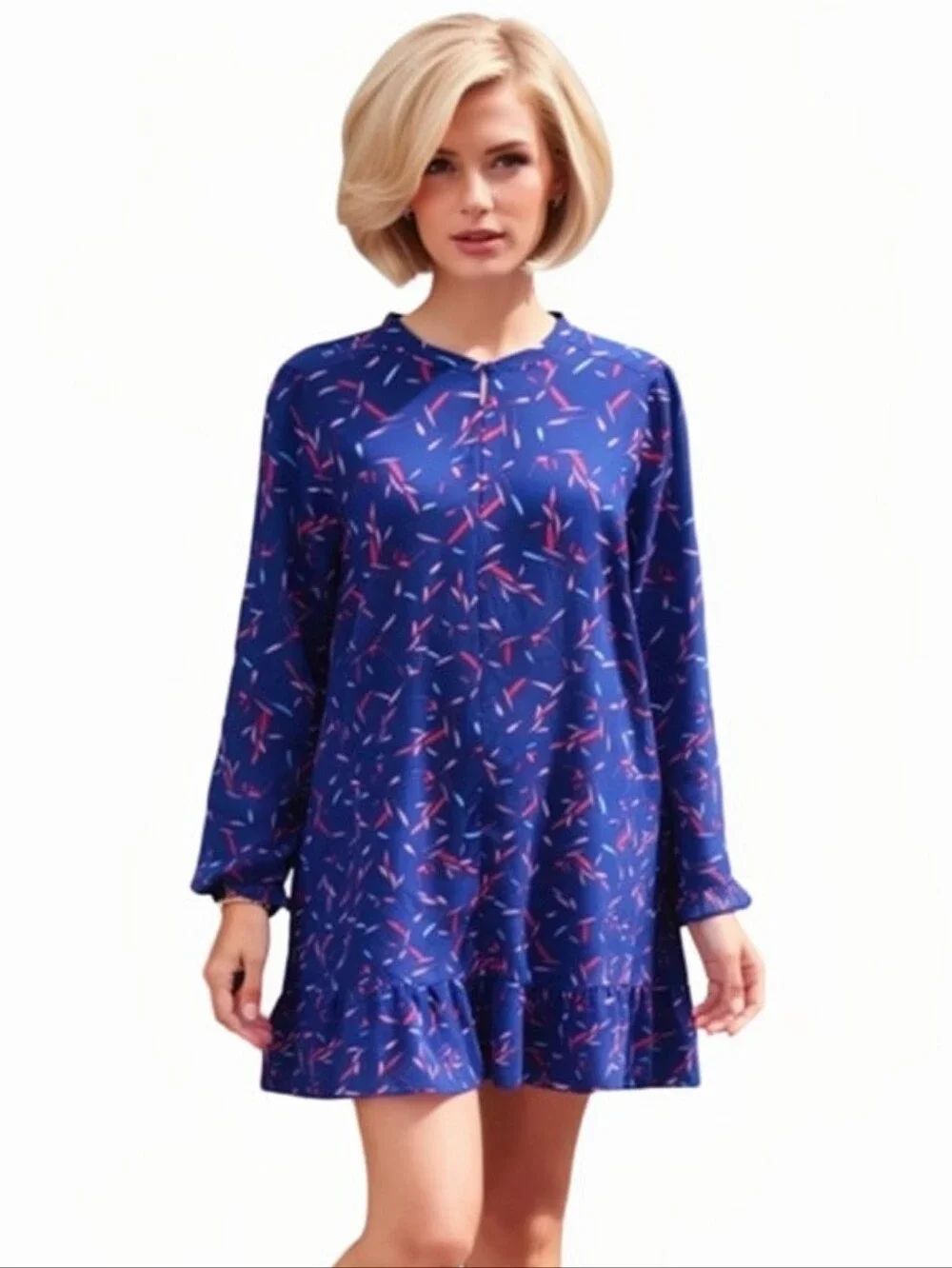 Banana Republic Blue Printed Long-Sleeve Ruffle-Hem Dress Size S Retro Casual - Picture 1 of 9